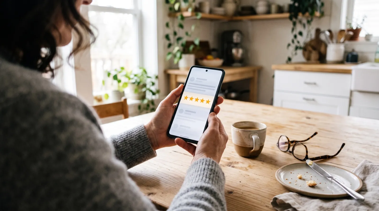 Person liest am Küchentisch eine Fünf-Sterne-Bewertung auf dem Smartphone
