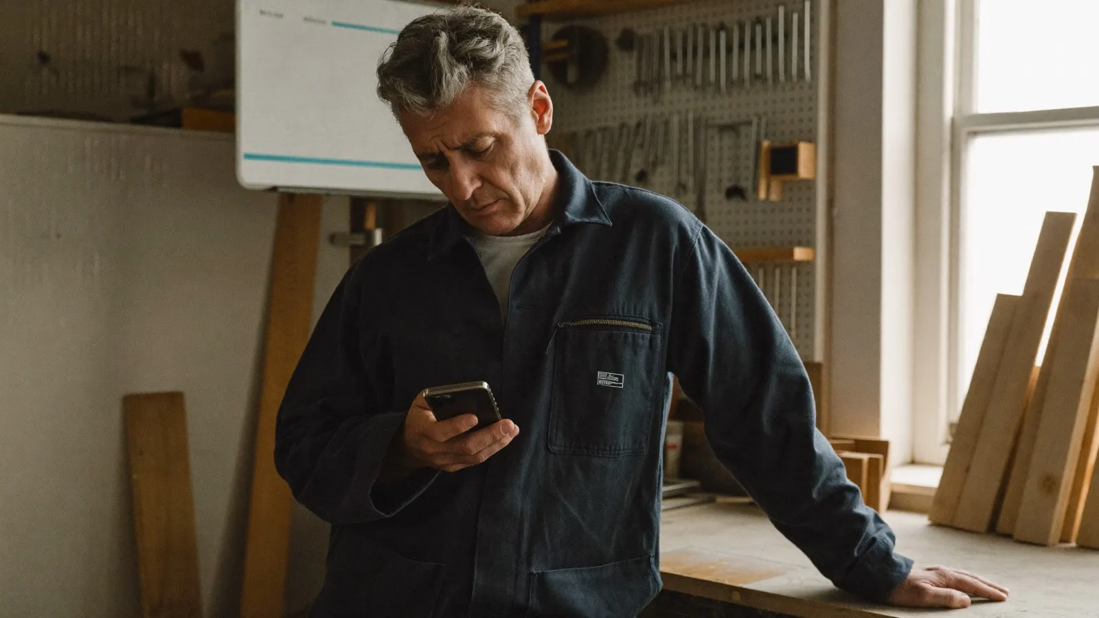 Handwerksmeister steht in seiner Werkstatt und schaut nachdenklich auf sein Handy